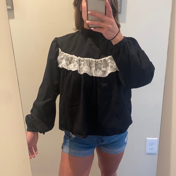 Long Sleeve Mock Neck Peasant Blouse Button Back - Picture 6 of 12